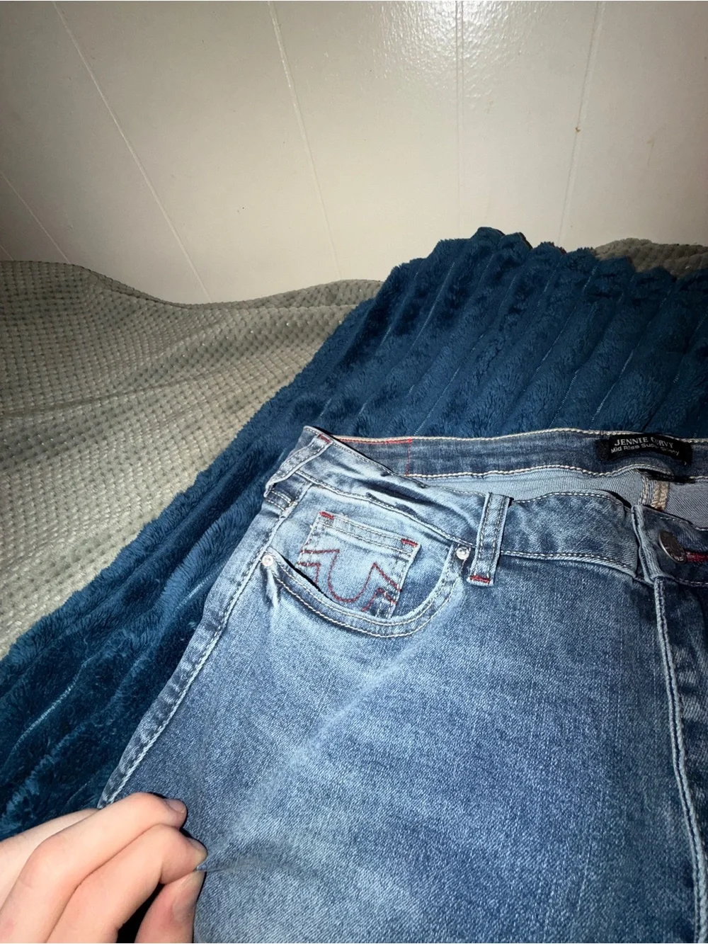 True Religion Light Blue Denim Jeans with Red Stitching